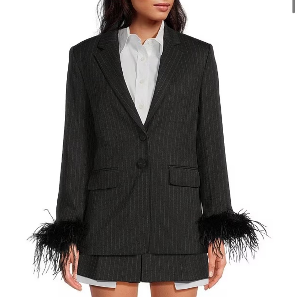 Gianni Bini x Nastia Liukin Val Twill Stripe Long Sleeve Feather Trim Blazer
